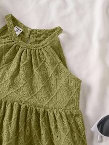 SHEIN Vintaside Kids Vestido casual sin mangas de unicolor con cuello redondo y dobladillo con volantes para niña - Verde - Ver 4