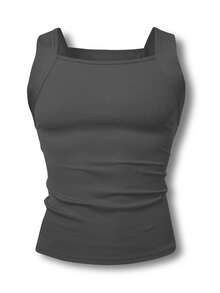 Manfinity Dauomo Men's Solid Color Ribbed Slim Fit Casual Baggy Tank Top Gym Dark Grey Summer Gym - Grey - View 3