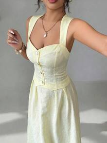 SHEIN Raffinéa Set de damă cu top camisol și fustă evazată, ținută elegantă din 2 piese, din material jacquard galben deschis - Lumină galbenă - Vizualizare 4