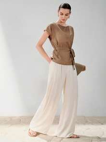 Aveloria Modichic Áo nữ kiểu dáng bất đối xứng, thời trang mới, đa năng, xếp ly, chất liệu đặc biệt, phong cách Châu Âu và Mỹ, dành cho mùa xuân/hè. - Cà phê nâu - Xem 5