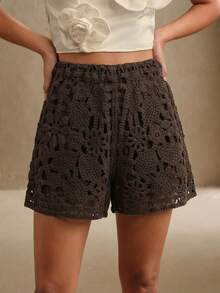 Anewsta 刺繡鉤針編織鏤空休閒波希米亞風女款短褲 灰色 夏季海灘度假早午餐穿搭 - 咖啡棕 - 查看 2