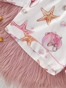 SHEIN Bộ đồ mặc nhà 2 món màu hồng cổ điển dành cho nữ tuổi teen, gồm áo khoác cardigan dài tay in họa tiết vỏ sò và quần dài. - Nhiều màu - Xem 7