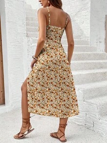 SHEIN Frenchy 休闲简约度假波西米亚风优雅浪漫复古米色橙色印花连衣裙，适合音乐节、海滩、度假、夏季穿着，女士必备。 - 彩色 - 查看 2