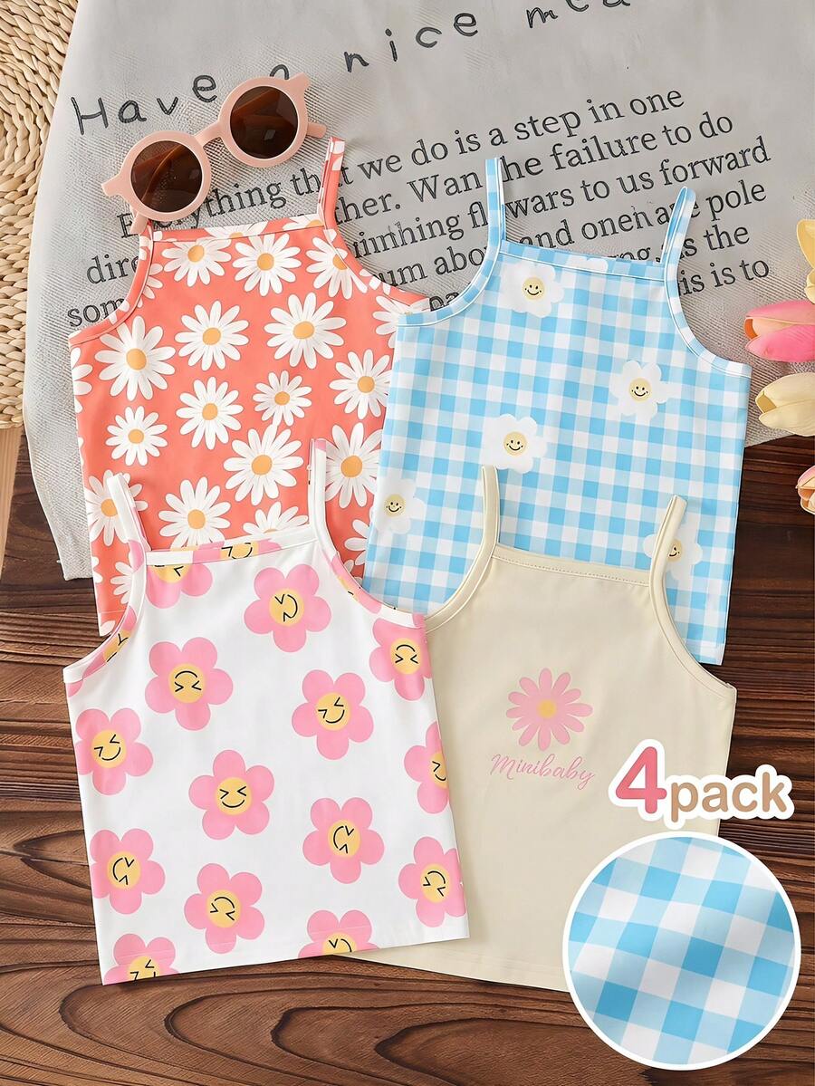 SHEIN Vintaside Kids Bộ 4 áo hai dây thoải mái thường ngày cho bé gái, thích hợp cho mùa xuân/hè. - Nhiều màu - Xem 1