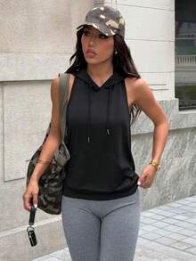 SHEIN Dewbera 女士时尚休闲户外健身跑步前中口袋无袖连帽抽绳露背性感瑜伽运动卫衣，夏季 - 黑色 - 查看 2