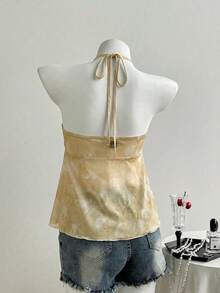 Sweetra Áo croptop không dây vai in họa tiết thời trang dành cho nữ - Màu vàng - Xem 2