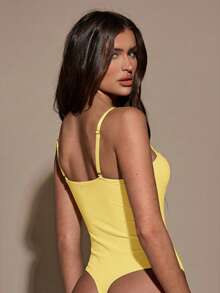 SHEIN BAE Women's Elegant Solid Color Sleeveless Bodysuit, Summer - Mustard Yellow - View 2