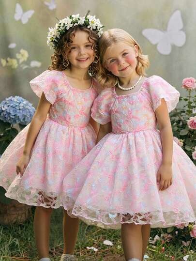 Elladie kids 女童夏季新款高端儿童正式礼服，提花面料花瓣袖公主裙，婚礼花童礼服，适合所有季节