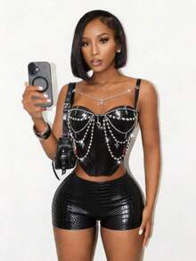 Mistrie 女士链条装饰时尚百搭约会之夜吊带背心 - 黑色 - 查看 1