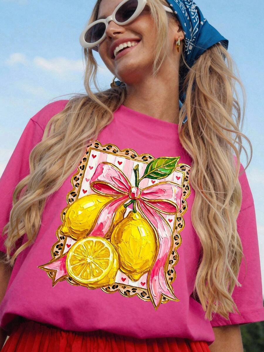 SHEIN LUNE Áo thun cỡ lớn in họa tiết da báo viền chanh dành cho bé gái dễ thương. - Màu Hồng Tươi - Xem 1