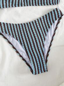 Swim Mod 女士春夏沙滩音乐节条纹针织提花单肩金属首饰时尚优雅比基尼套装 - 彩色 - 查看 5