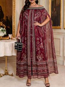 EMERY ROSE Plus Size Women's Off-Shoulder Floral Print Elastic Waist Loose Kaftan Maxi Dress,Navy Summer Boho Vacation Holiday Mediterranean Greece Outfits - Burgundy - View 7