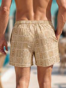ZELFYO Men's All Over Print Slant Pocket Summer Beach Shorts - Khaki - View 2