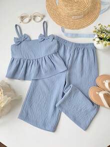 Setelan Musim Panas 2 Potong Warna Biru Muda untuk Bayi Perempuan, Atasan Tanpa Lengan Tanpa Lengan dengan Hiasan Pita dan Hem Berkerut Model A-Line serta Celana Panjang Bertekstur Tenun untuk Liburan Kasual - Biru - View 4