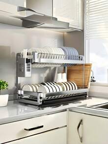 Rejilla de secado de acero inoxidable de gran capacidad de doble capa, rejilla de cocina multifuncional a prueba de óxido, ahorro de espacio en el mostrador, fácil de limpiar, accesorio de cocina - Plateado - Ver 8