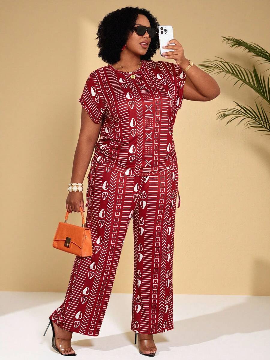 EMERY ROSE 大码全印花圆领短袖上衣和裤子休闲两件套 - 彩色 - 查看 1