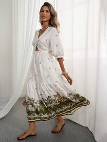 Breezaya Women's Casual Elegant Romantic 3/4 Sleeve Dress With Twist Cutout Floral Pattern, Suitable For Vacation And Daily Wear - White - View 3
