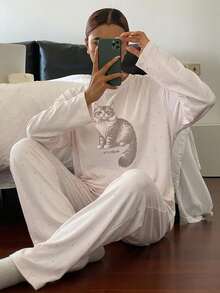 DAZY Cat Print Polka Dot Loose Pajama Set, Fall Winter Clothes - Beige - View 2