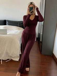DAZY Solid Color Minimalist Comfortable Knit Women Top & Pants Pajama Set, Cozy Outfit Fall Winter Clothes - Burgundy - View 2