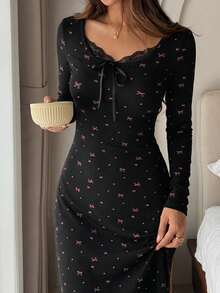 DAZY Women's Long Nightgown With Bow Pattern, Colorblock Lace Patchwork, Waist Cinched, Autumn/Winter - Black - View 1