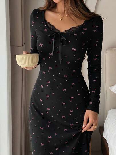 DAZY Women's Long Nightgown With Bow Pattern, Colorblock Lace Patchwork, Waist Cinched, Autumn/Winter