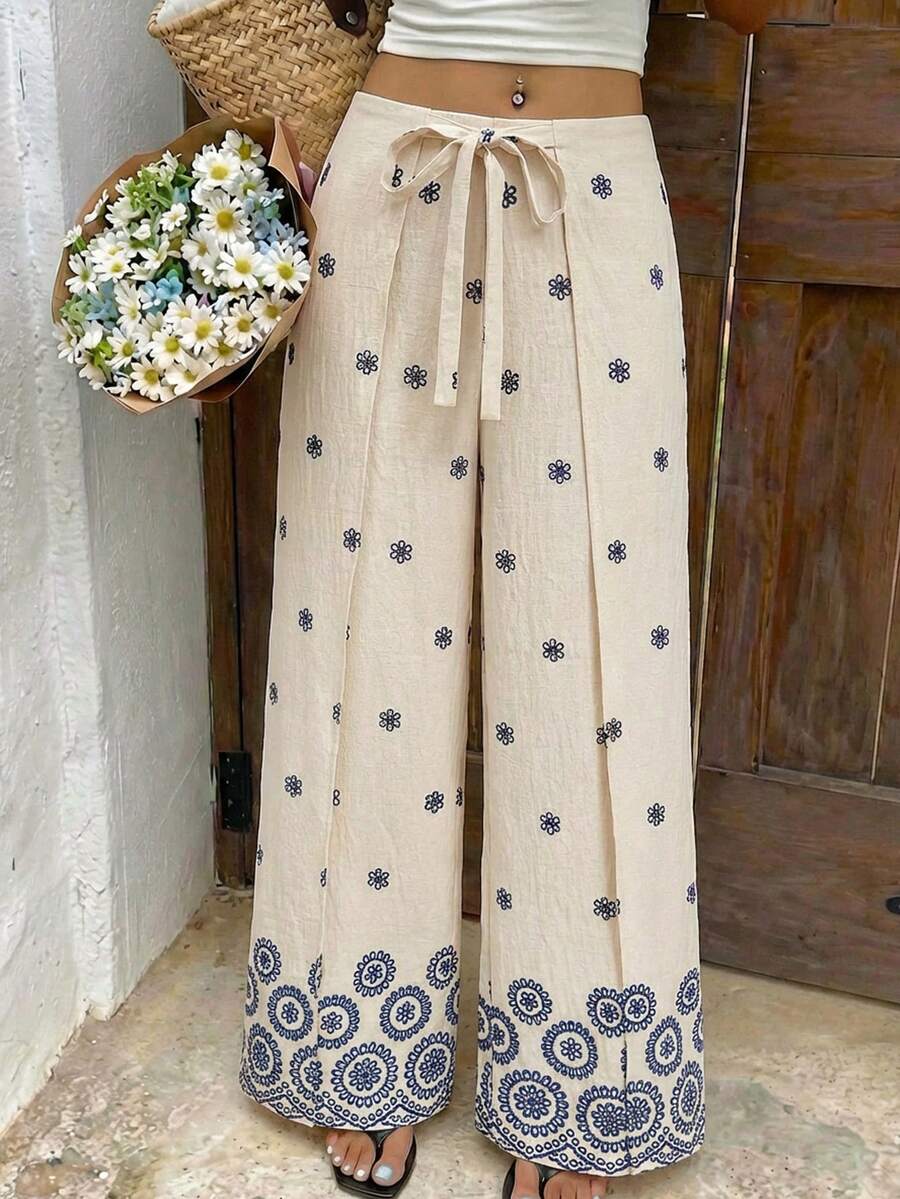 SHEIN MOD 女士休闲印花阔腿裤，夏季，外出，派对装扮，度假装扮，复古，乡村风装扮，教师装扮，约会，野餐，可爱，职场装扮，西部风，乡村风，音乐节装扮，复古，波西米亚风，女士刺绣阔腿裤，抽绳腰带休闲夏季长裤，波西米亚风长裤，阔腿夏季长裤，印花长裤，节日装扮，休闲 - 杏色 - 查看 1