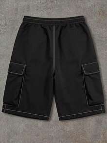 SUMWON Men's Cargo Shorts With Contrast Stitching Detail Multiple Pockets Knee Length Casual Summer Streetwear - Black - View 2