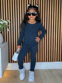 DAZY 2pcs Young Girl Girls Ditsy Floral Long Sleeve Knit Top And Pants Homewear Set, Fall - Navy Blue - View 4