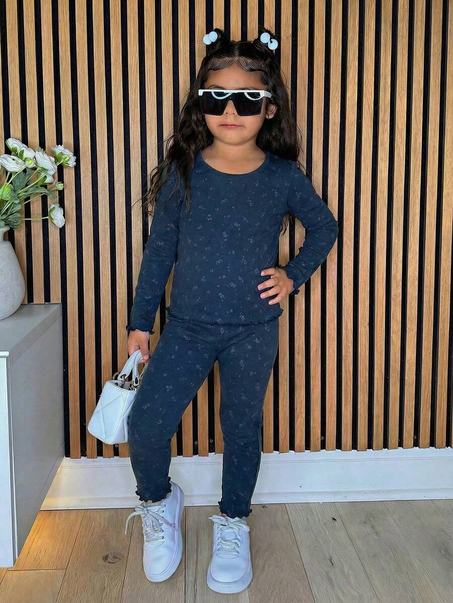 DAZY 2pcs Young Girl Girls Ditsy Floral Long Sleeve Knit Top And Pants Homewear Set, Fall - Navy Blue - View 1