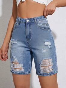 Rivivi Fashionable Casual Distressed Washed Denim Shorts - Medium Wash - View 4