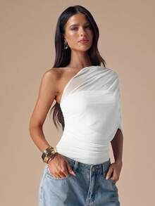 SHEIN BAE Autumn/Winter Solid Apricot Asymmetric Asymmetrical Shoulder Elegant Bodysuit For Women, Minimalist Basic Fitted Top With Sheer Wrap Ruched - White - View 6