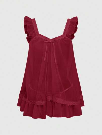 ROMWE Babydoll Kawaii Cute Loose Sheer Dress, Mesh Lace Patchwork Bow Mini Dress, Sexy Tulle Dress Set