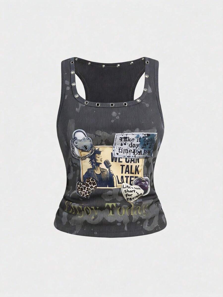ROMWE Grunge Punk Grunge风格做旧复古朋克金属铆钉刺绣紧身女式背心 - 深灰色 - 查看 1