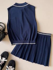 Muvela Bộ đồ 2 món màu xanh hải quân dành cho nữ gồm áo vest dệt kim không tay có cổ cài nút và chân váy ngắn, đa năng cho mùa xuân/hè, phong cách Y2K, công sở và các sự kiện xã hội. - Màu xanh hải quân - Xem 4