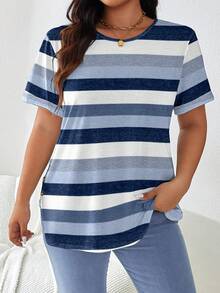 SHEIN LUNE Áo thun nữ cỡ lớn kẻ sọc cổ tròn, kiểu dáng thường ngày, đa năng. - Nhiều màu - Xem 3