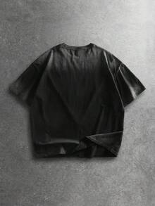 ROMWE MEN Men's Embroidered Washed Solid Color Round Neck Casual Short Sleeve T-Shirt - Black - View 2