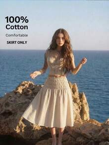 SHEIN MOD 女士纯色百褶休闲百搭日常穿搭半身裙 - 杏色 - 查看 1