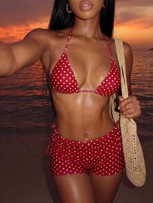 Vaytide 夏季新款海滩度假派对下午茶波点印花微三角侧系带褶皱三件套女士泳衣套装 - 紅白色 - 查看 2