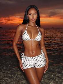 Vaytide 夏季新款海滩度假派对下午茶波点印花微三角侧系带褶皱三件套女士泳衣套装 - 彩色 - 查看 1