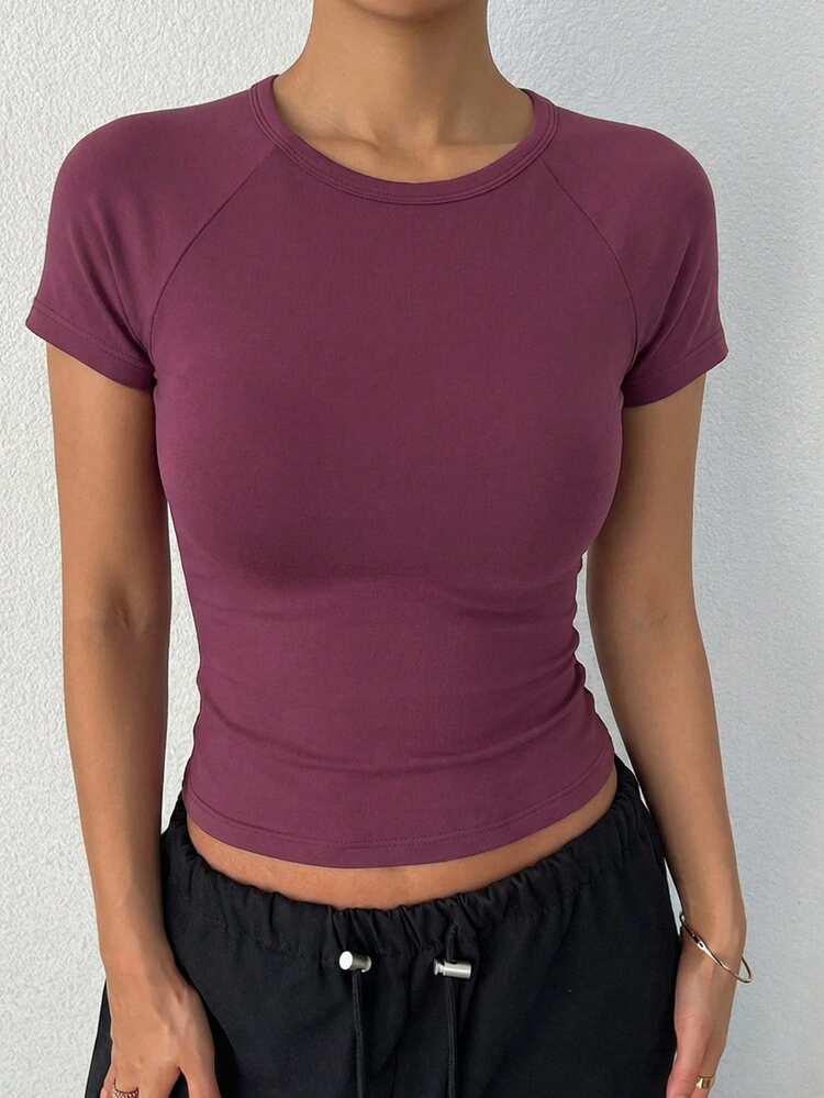 Women's Summer Round Neck Raglan Sleeve Fitted Casual Short Sleeve T-Shirt