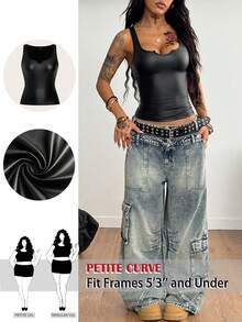 SHEIN PETITE CURVE Áo croptop không tay co giãn, phong cách đường phố retro Y2K dành cho nữ cỡ lớn, gợi cảm, thích hợp cho kỳ nghỉ hè. - màu đen - Xem 3