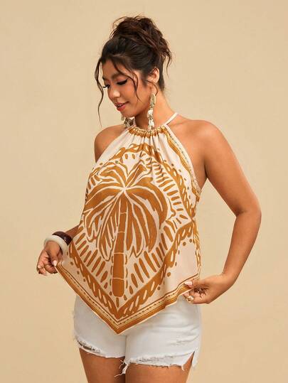 Travachic Plus Size Bohemian Casual Vacation Spring/Summer Tropical Beach Spaghetti Strap Sleeveless Loose Shoulder Strap Tank Top For Women