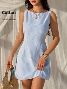 SHEIN EZwear Summer Outfits Blue Striped Woven Backless Sleeveless Mini Dress For Women ,Summer Dress - Blue and White - View 4