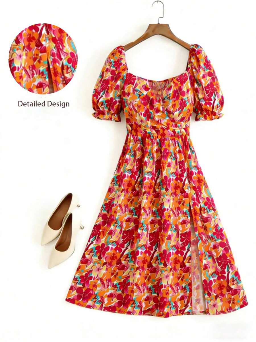 Breezaya Orange Bohemian Floral Deep V Puff Sleeve Split Dress - Orange - View 1