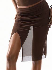 Airlisse Women's Elegant Sexy Brown Off Shoulder Ruched Bandeau Mesh Sheer Cinched Waist Top + Low-Waist Slit Ruched Mesh Sheer Straight Skirt 2-Piece Set - Brown - View 5