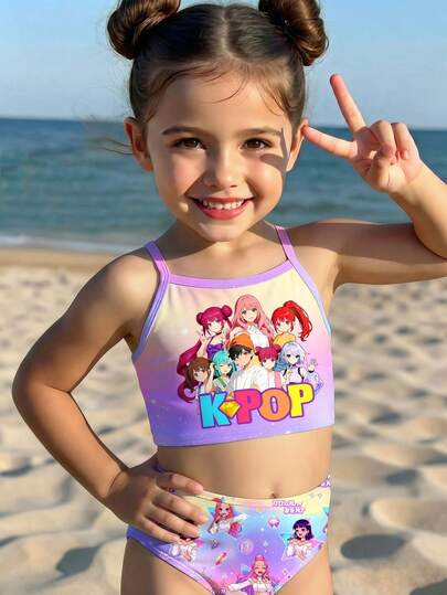 SHEIN Bộ đồ bơi hai dây và bikini kiểu dáng tối giản, thời trang, in chữ và ngôi sao theo phong cách nhóm nhạc nữ K-POP, thích hợp cho mùa hè, phong cách K-POP và Y2K.