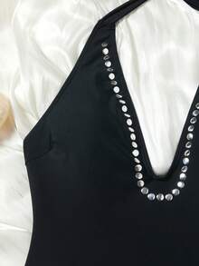 Swim SXY Bộ áo tắm liền thân hở lưng, cổ yếm, đính sequin mới dành cho nữ, thời trang và gợi cảm cho kỳ nghỉ biển. - màu đen - Xem 5