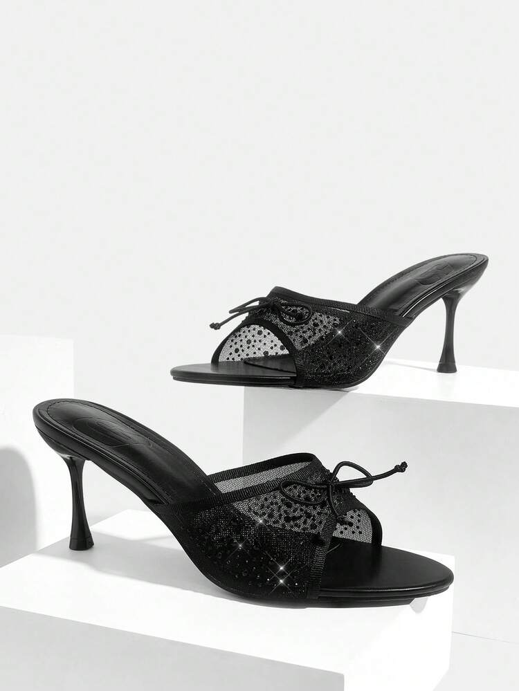 CUCCOO SZL Women Shoes Round Toe Stiletto Brown Mesh Bow Full Diamond Pedal Fashion Elegant French Women High Heel Sandals Slippers With Skirt Daily Versatile Sexy Party Women Sandals