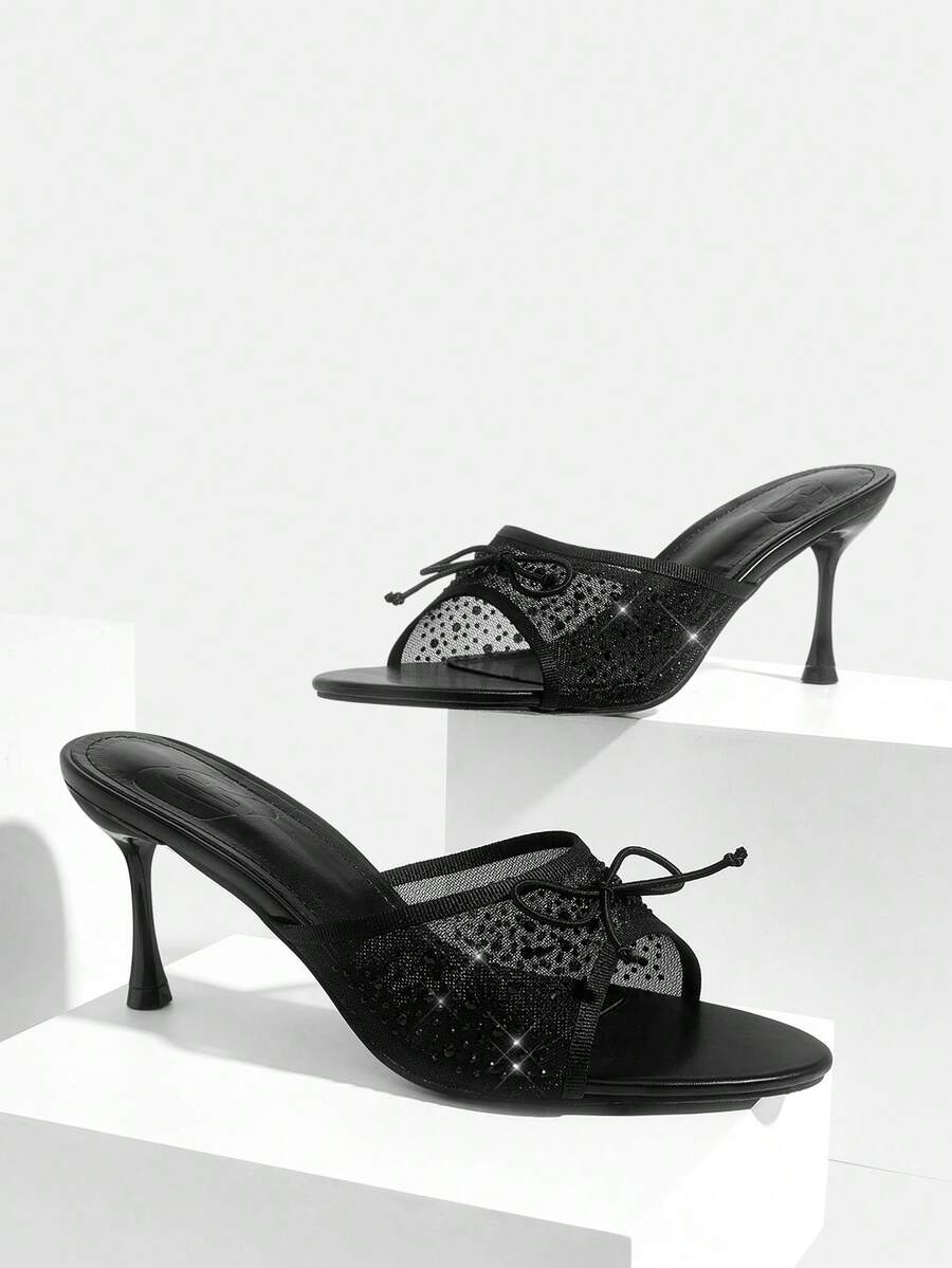 CUCCOO SZL Giày nữ mũi tròn gót nhọn màu nâu lưới nơ đính đá thời trang thanh lịch kiểu Pháp, dép cao gót nữ phối váy, sandal nữ hàng ngày đa năng gợi cảm dự tiệc. - màu đen - Xem 1