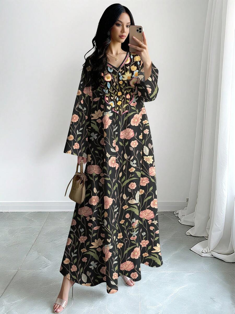 SHEIN Najma 印花V领长袖连衣裙，优雅花卉图案黑色长裙，时尚春夏款 - 彩色 - 查看 1